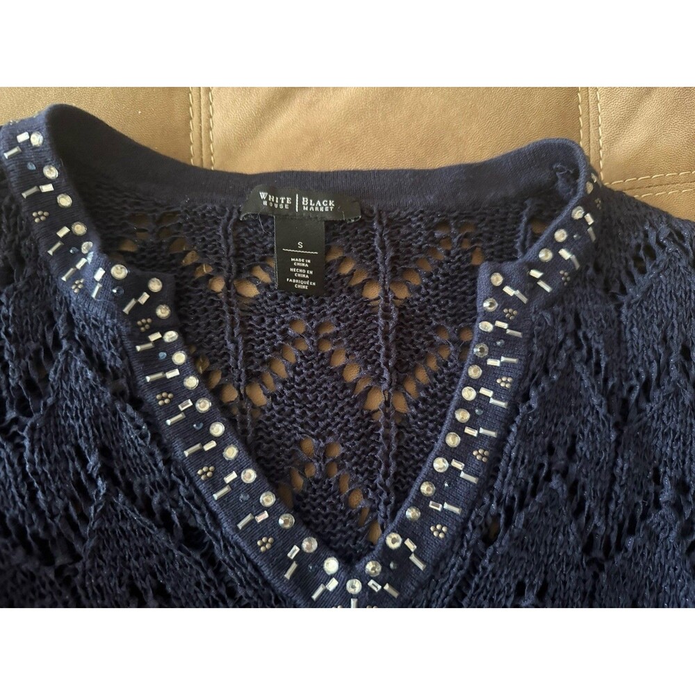 WHBM Navy Blue Jeweled Open Knit V Neck Pullover Sweater Small - Picture 2 of 9